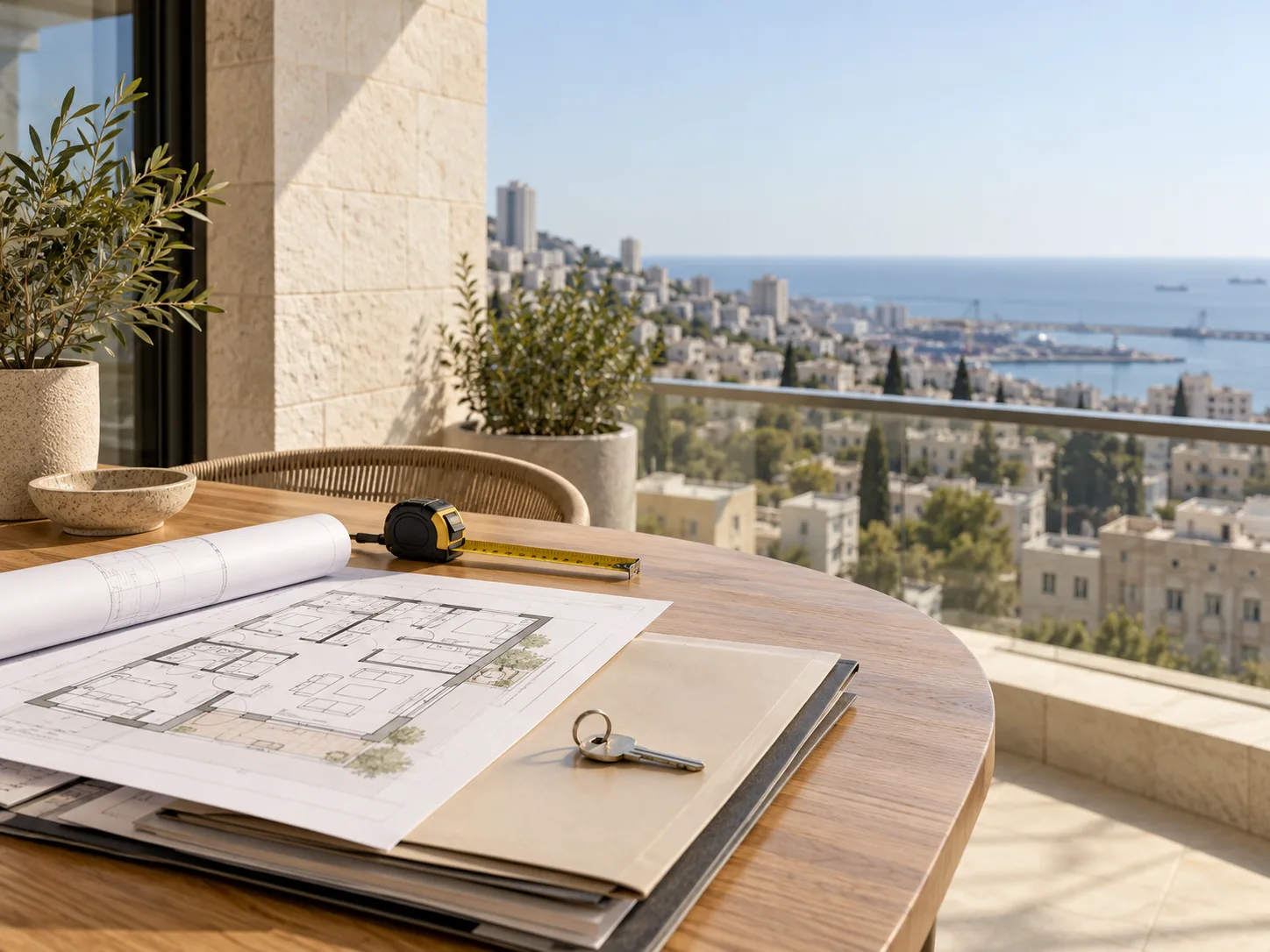 תכנית דירה ומסמכים על שולחן בעסקת מקרקעין בישראל